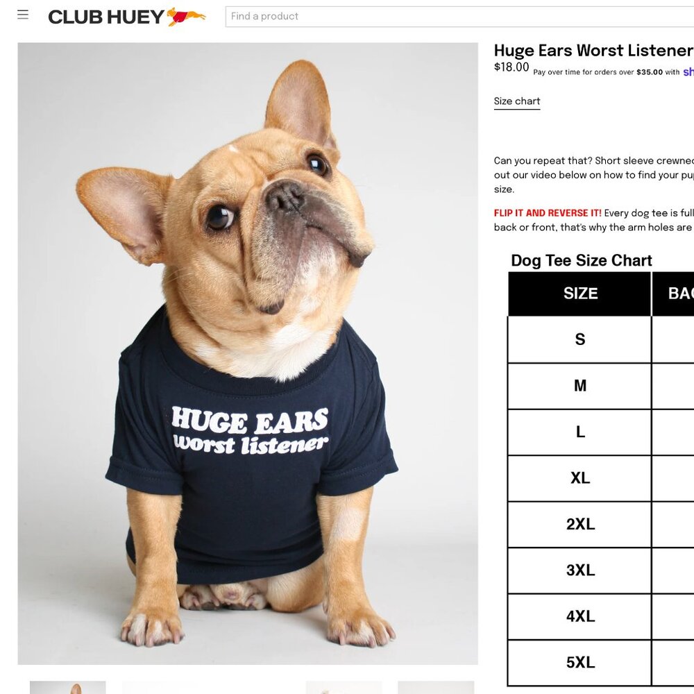 Club Huey Huge Ears Worst Listener T-Shirt for Frenchies Small to Medium
